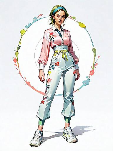 Realistic Comic Style Full Body Portrait of Woman in Floral Casual Outfit