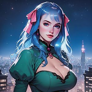 Anime-Inspired Woman with Blue Hair and Cityscape Background