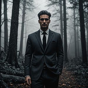 Confident Man in Dark Suit in Misty Forest