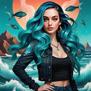 Woman with Turquoise Hair in Surreal Ocean