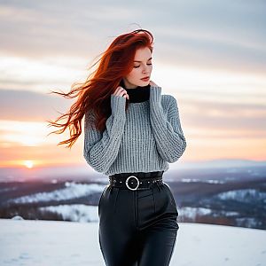Woman in Gray Sweater in Snowy Landscape at Sunset