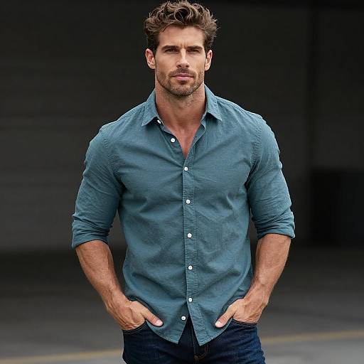 Confident Young Man in Casual Teal Shirt