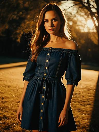 Woman in Casual Chic Denim Off-the-Shoulder Dress with Straight Silhouette