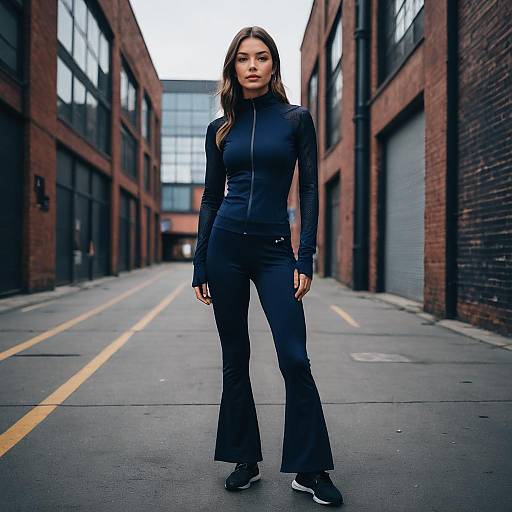 Woman in Navy Blue Athletic Wear Standing on Urban Street with Brick Buildings