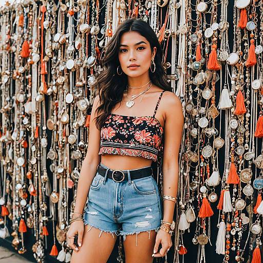 Woman in Floral Crop Top and Denim Shorts with Bohemian Tassel Backdrop