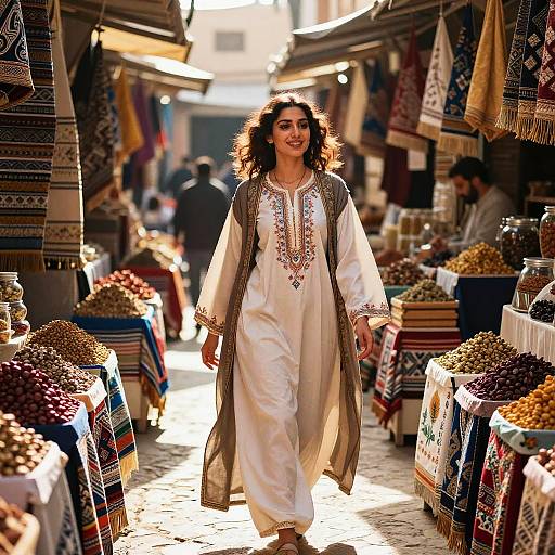 Woman in Traditional Dress Walking Through Middle Eastern Market with Rugs and Nuts