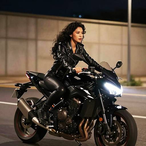 Woman Riding Black Motorcycle at Night in Leather Jacket