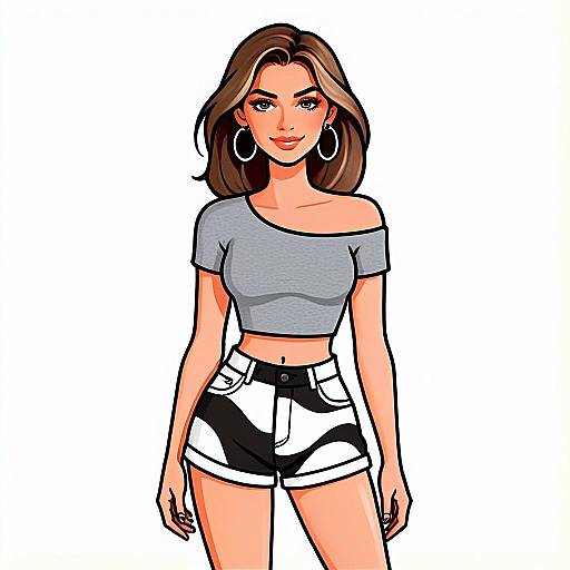 Woman With Pretty Face And Hair Smiling In Casual Off-Shoulder Crop Top And Patterned Shorts Illustration