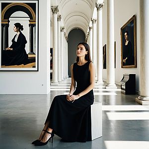 Thoughtful Woman in Black Dress in Grand Gallery