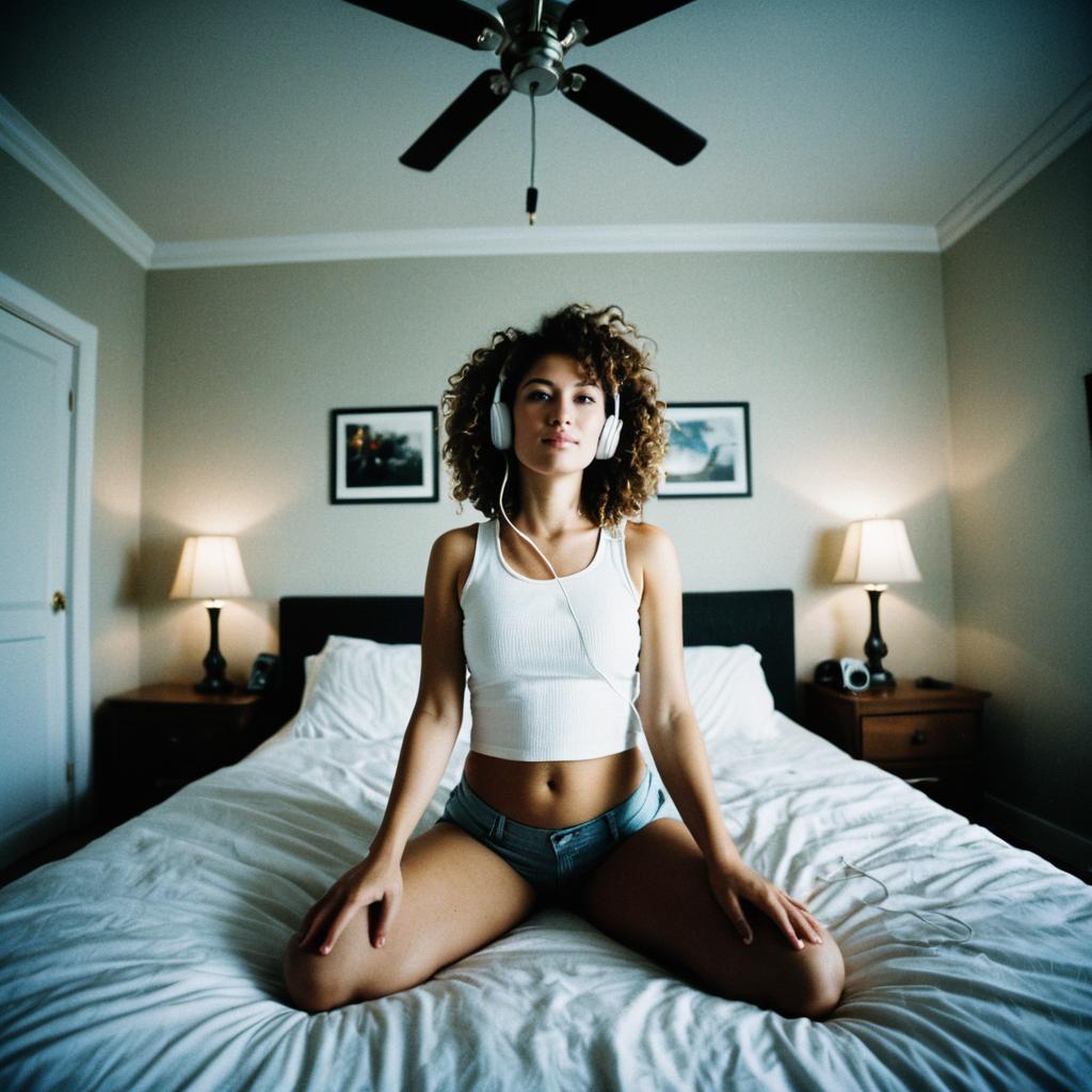 Relaxed Young Woman Listening to Music on Bed in Cozy Bedroom