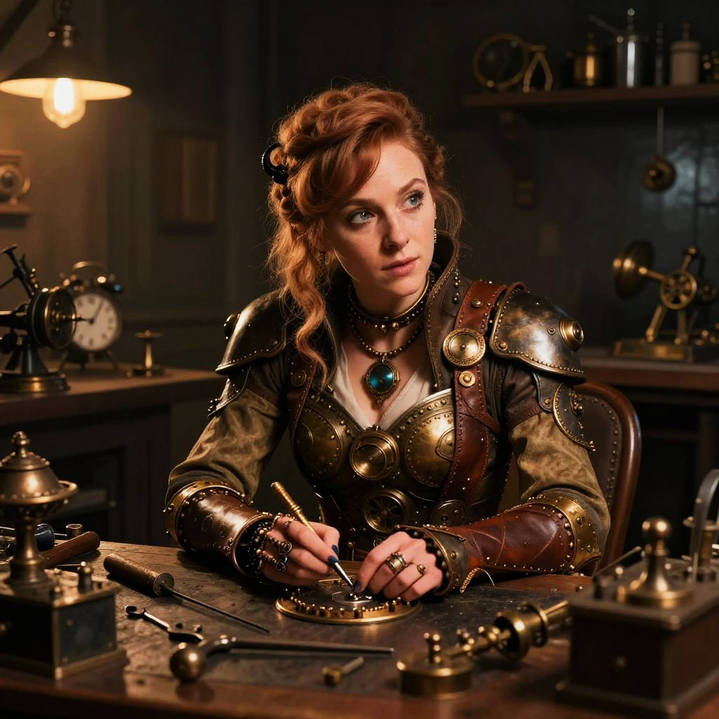 Steampunk Woman Crafting Vintage Mechanical Device in Workshop
