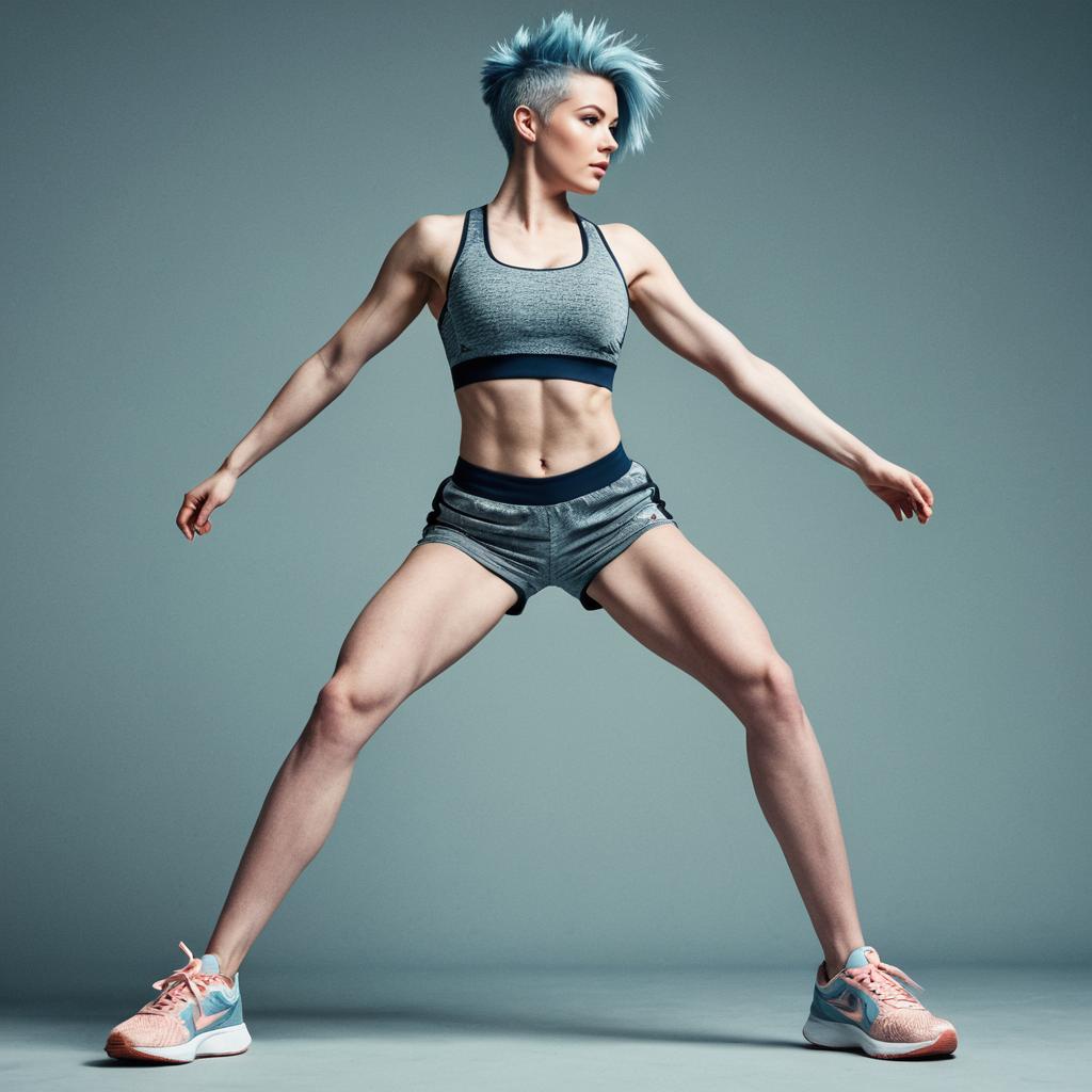 Athletic Woman with Blue Hair in Fitness Pose Wearing Grey Sportswear