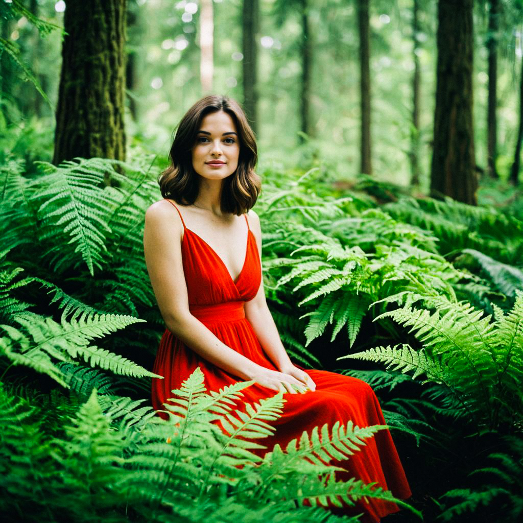 Woman in Red Dress among Ferns in Forest Woman in Red Dress among Ferns in Forest