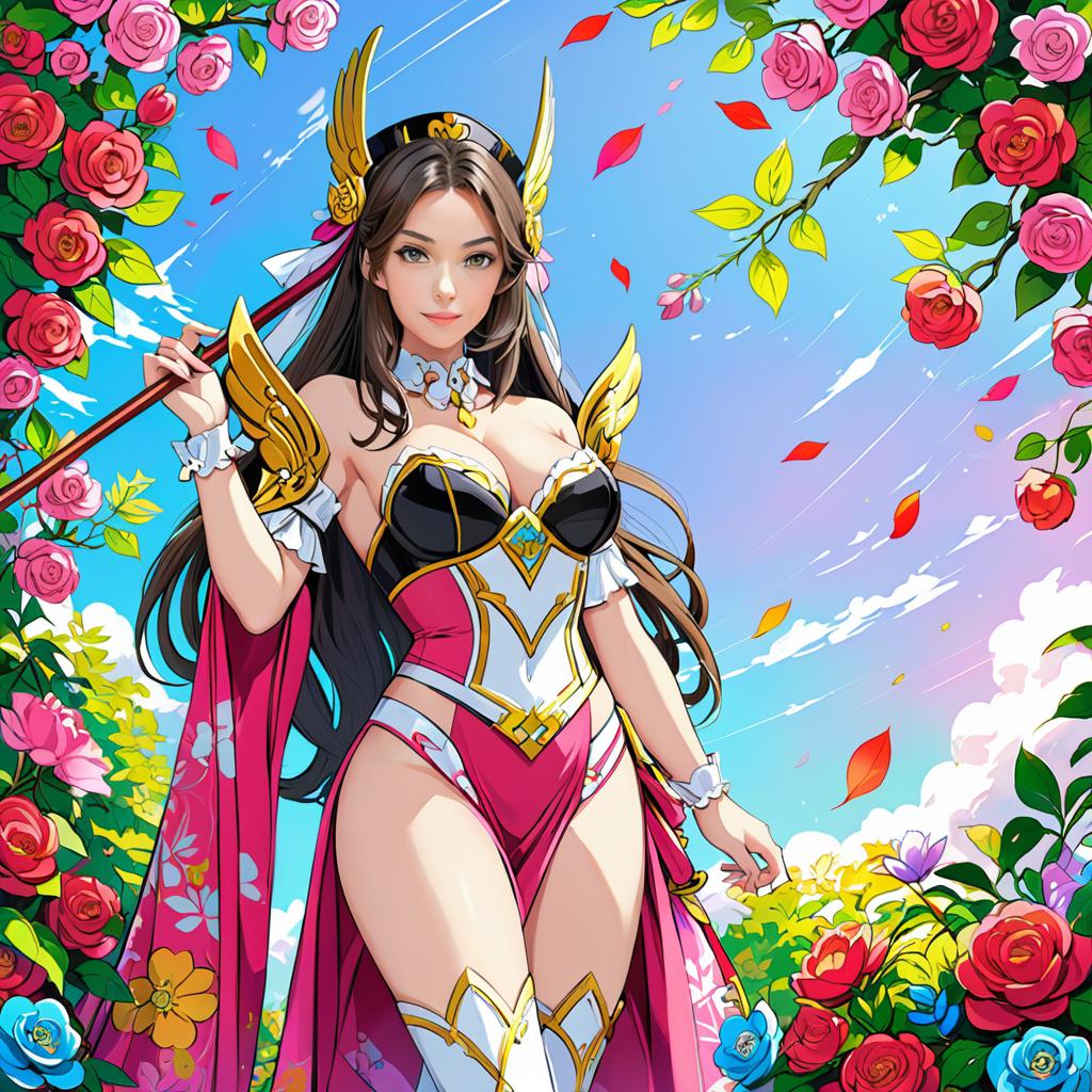 Anime Warrior Woman with Sword and Roses