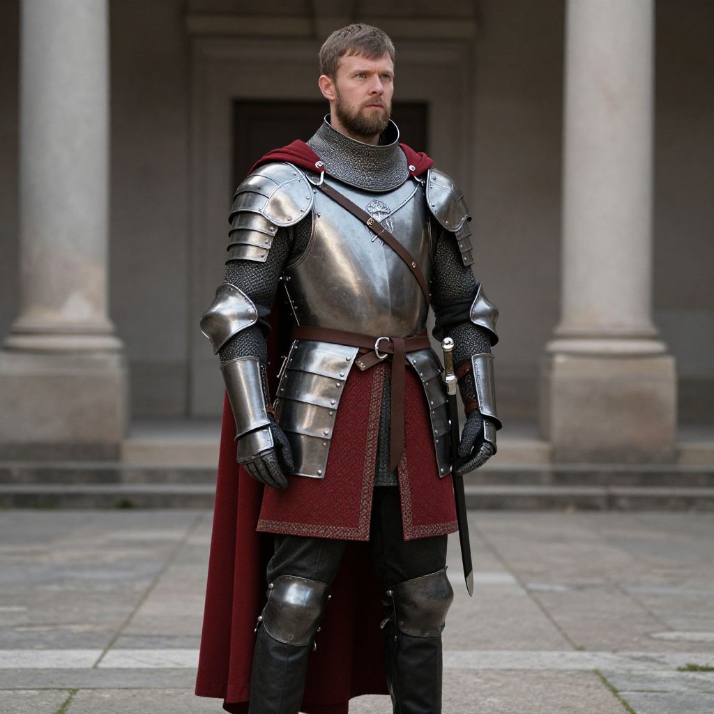 Medieval Knight in Full Armor with Red Cloak Standing in Courtyard