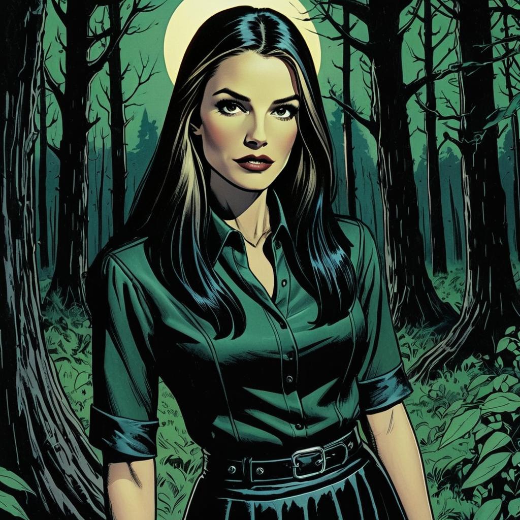 Mysterious Woman in Forest Digital Illustration with Full Moon