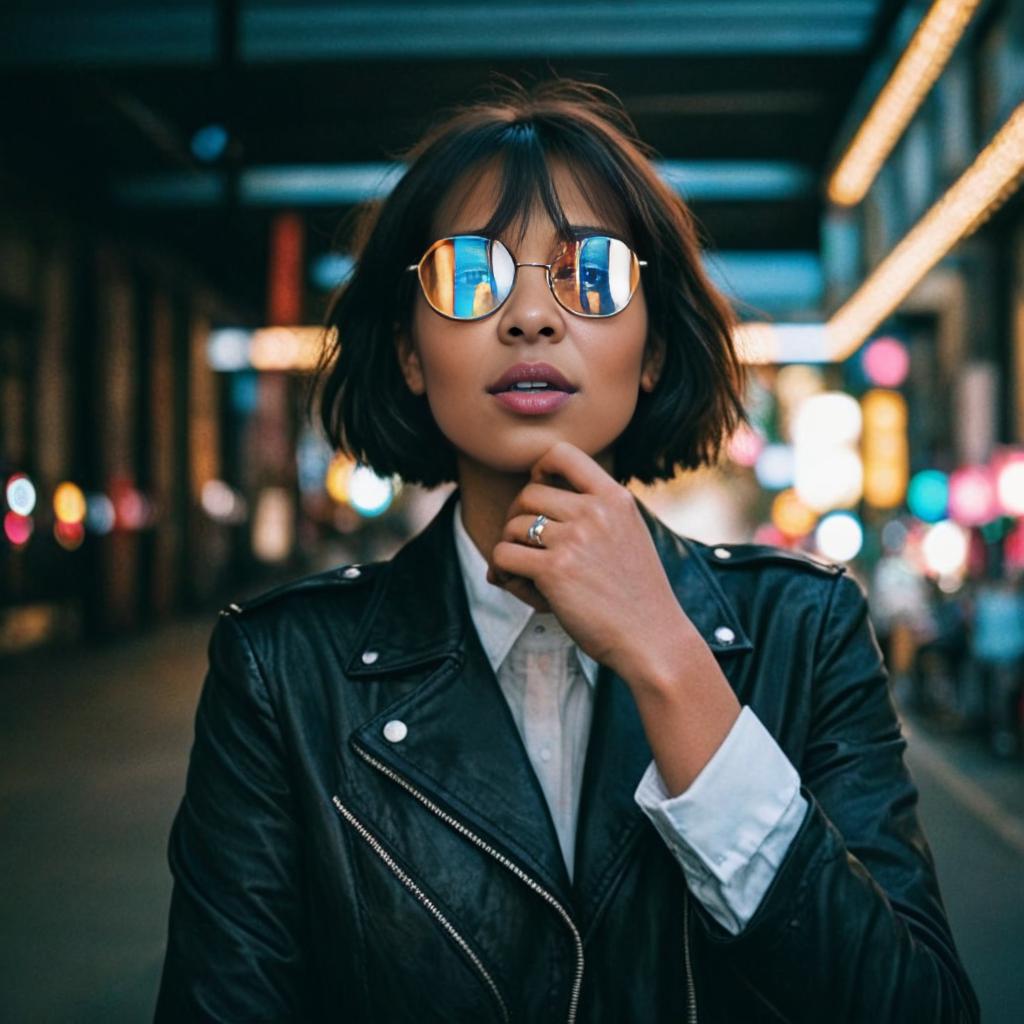 Chic Woman in Bob Haircut and Leather Jacket