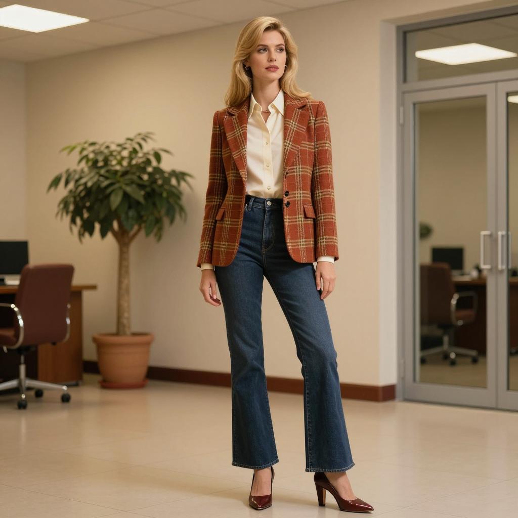 Young Woman in Rust Plaid Blazer and Jeans Stylish Office Fashion