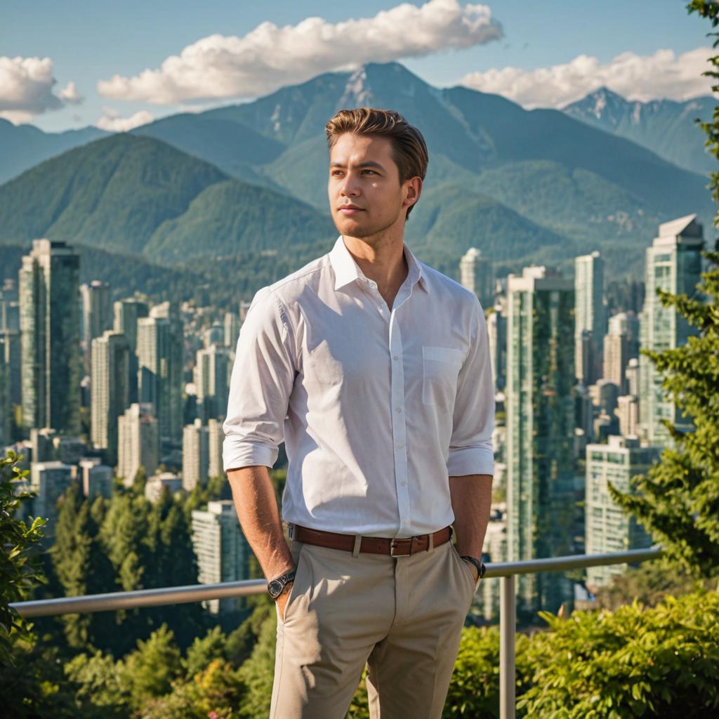 Confident Man with Vancouver Skyline and Mountains