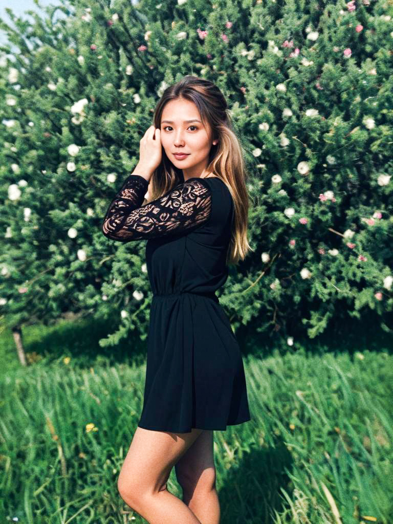 Elegant Woman in Black Dress with Lace Sleeves