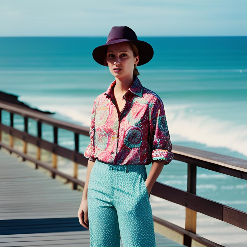 Fashionable Woman on Ocean Boardwalk in Vibrant Patterned Outfit
