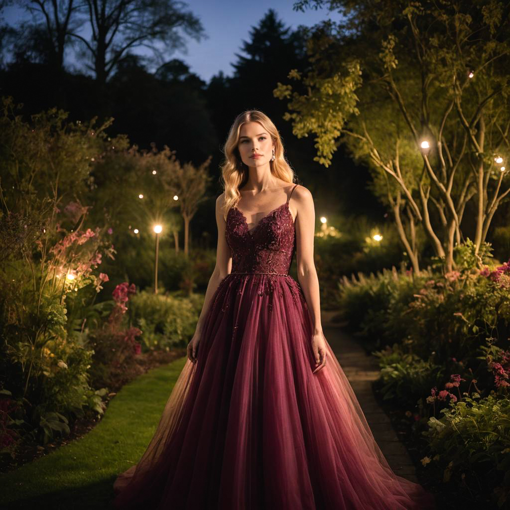 Woman in Burgundy Gown in Enchanted Garden at Dusk