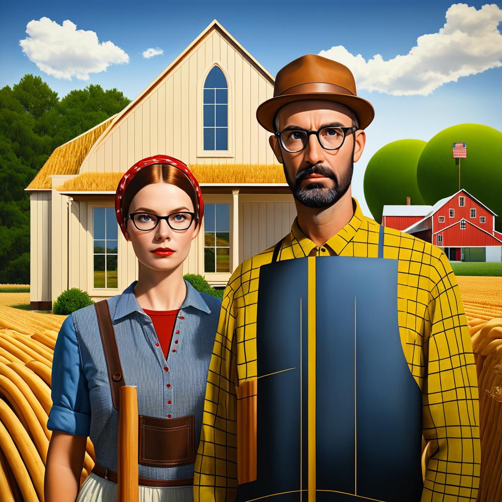 Stylized Farmer Couple in Vibrant Rural Setting