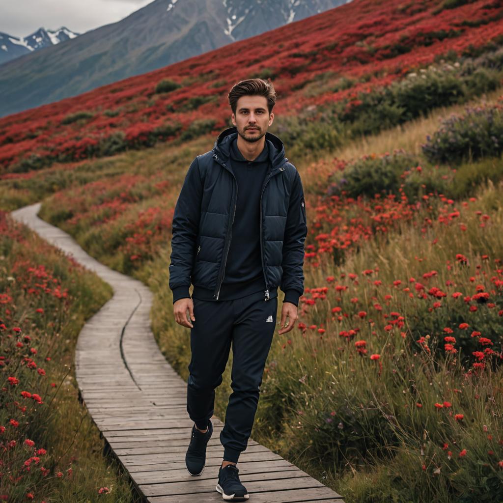 Confident Man on Wooden Pathway Surrounded by Red Flowers