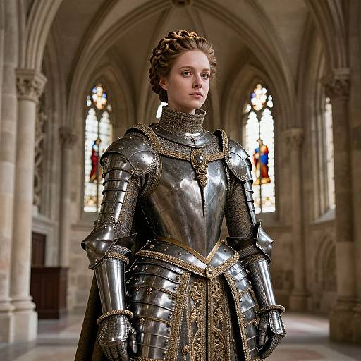 Woman in Ornate Medieval Armor in Gothic Cathedral Interior
