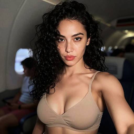 Young Woman Selfie Inside Airplane Cabin with Curly Hair