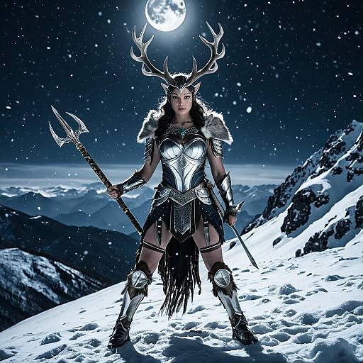 Viking Warrior Woman in Silver Armor with Antler Headdress on Snowy Mountain at Night