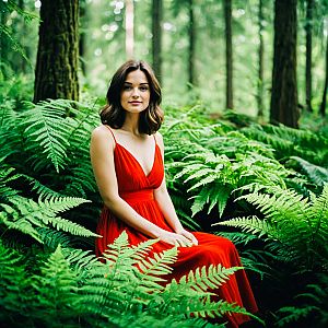 Woman in Red Dress among Ferns in Forest