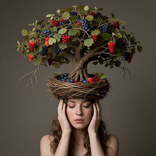Woman Wearing Surreal Tree and Berry Hat Artistic Portrait
