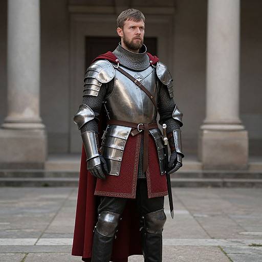 Medieval Knight in Full Armor with Red Cloak Standing in Courtyard