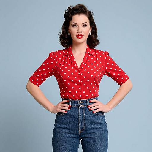 Vintage 1950s Woman in Red Polka Dot Blouse and High-Waisted Jeans