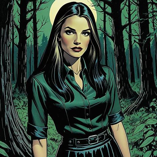 Mysterious Woman in Forest Digital Illustration with Full Moon