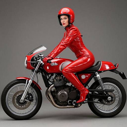 Woman in Red Leather Catsuit on Classic Café Racer Motorcycle