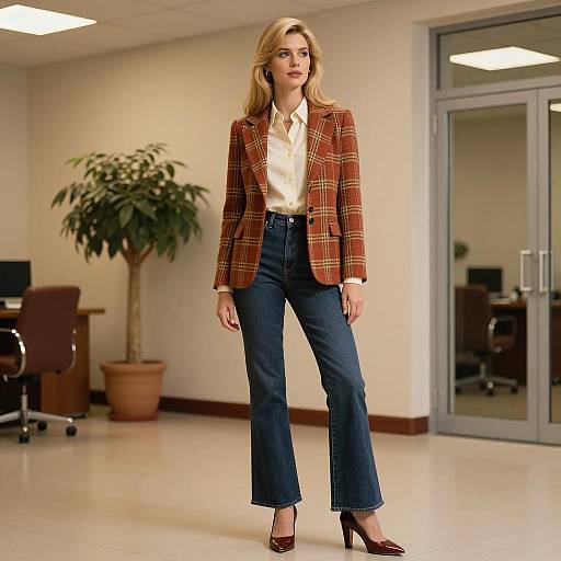 Young Woman in Rust Plaid Blazer and Jeans Stylish Office Fashion