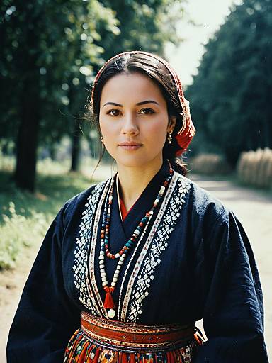 Photorealistic Outdoor Portrait of Woman in Traditional Kyrgyz Dress in Daylight