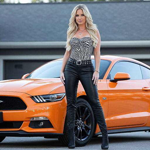 Stylish Woman with Blonde Hair Poses by Orange Sports Car