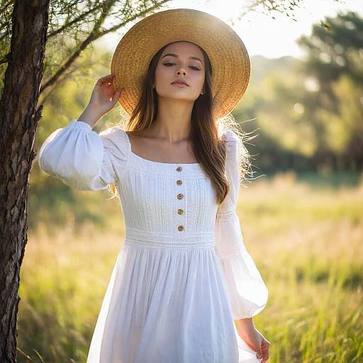 Young Woman in White Dress and Straw Hat in Sunny Meadow