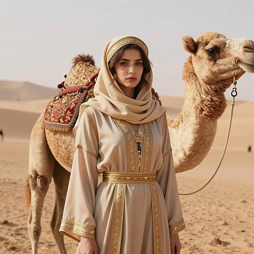Middle Eastern Woman in Traditional Dress with Camel in Desert
