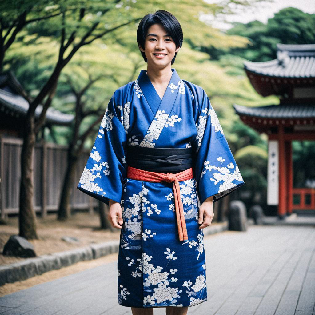 Young man in blue kimono outdoors