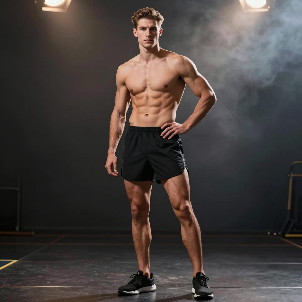 Fit Young Man Posing in Gym Wearing Black Shorts and Sneakers