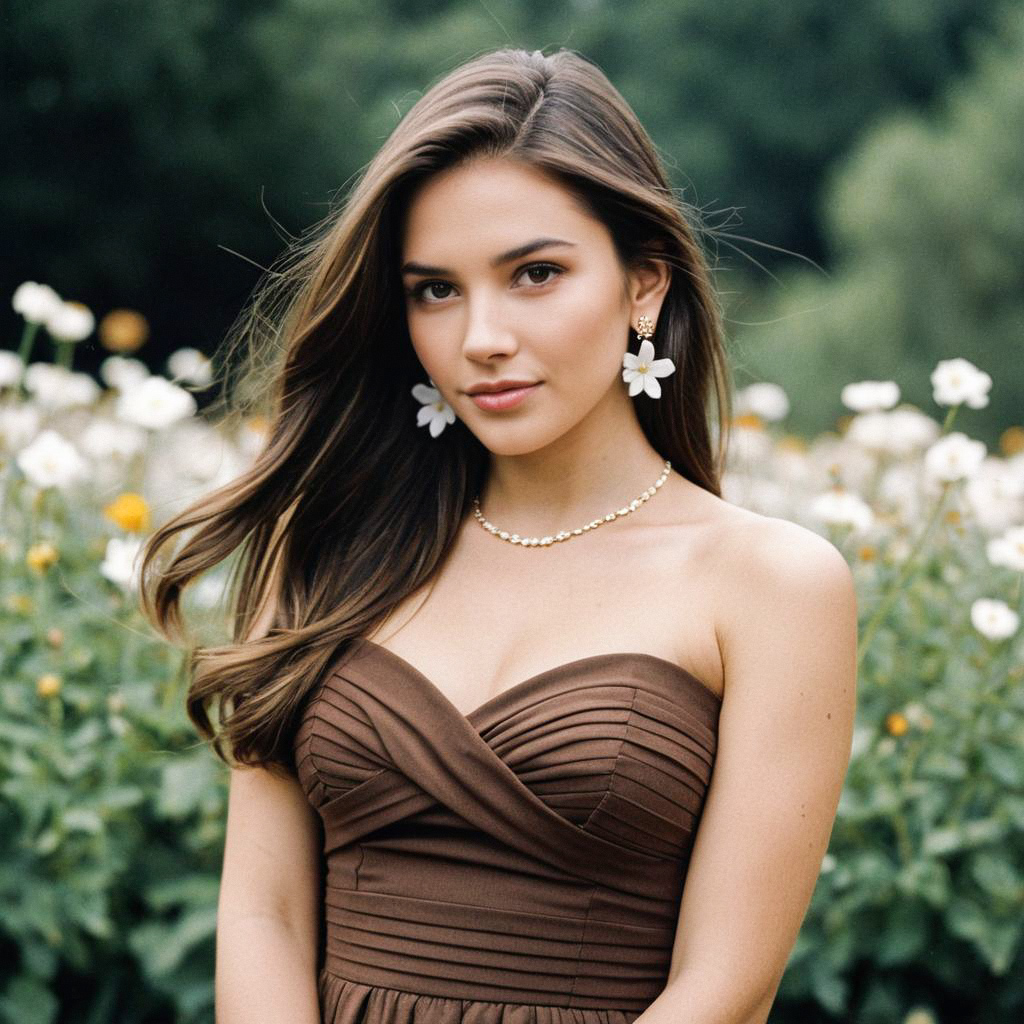 Young Woman in Brown Dress in Flower Garden