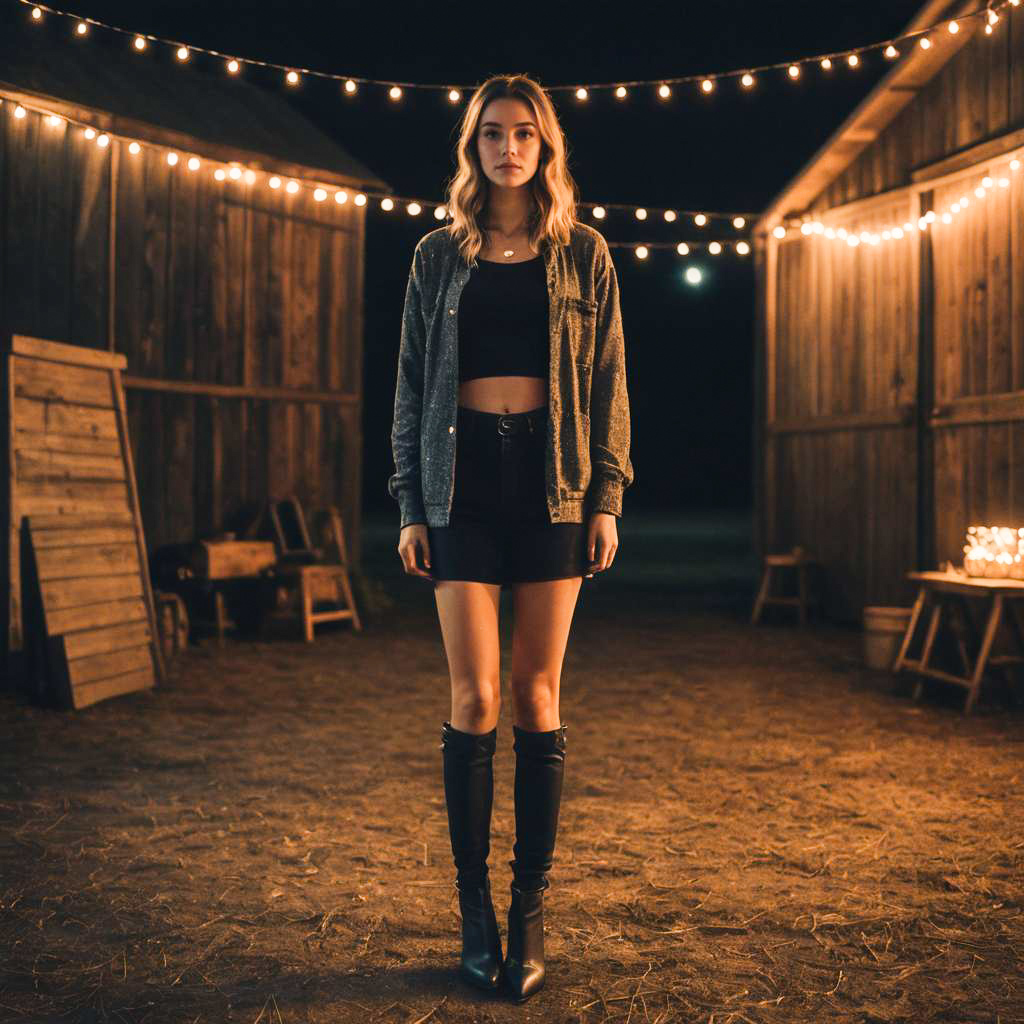 Stylish Woman in Rustic Barn with String Lights