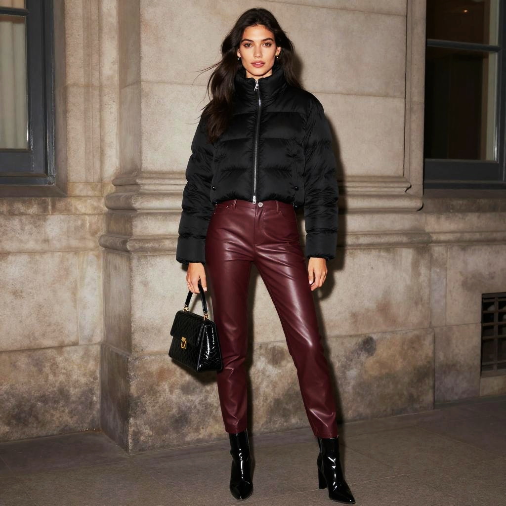 Urban Chic Fashion: Woman in Black Puffer Jacket and Burgundy Leather Pants