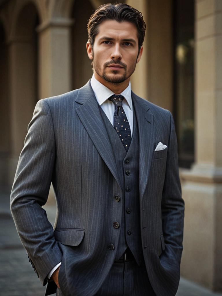 Sophisticated man in pinstripe suit in urban setting