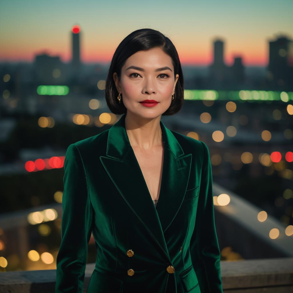 Elegant Woman in Green Velvet Blazer with City Sunset Background