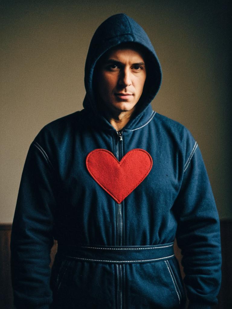 Man in Dark Blue Hooded Costume with Red Heart Emblem